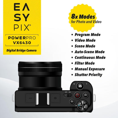 EASYPIX PowerPro VX6430 Bridge Camera – 64MP, 10x Zoom, 4K Video