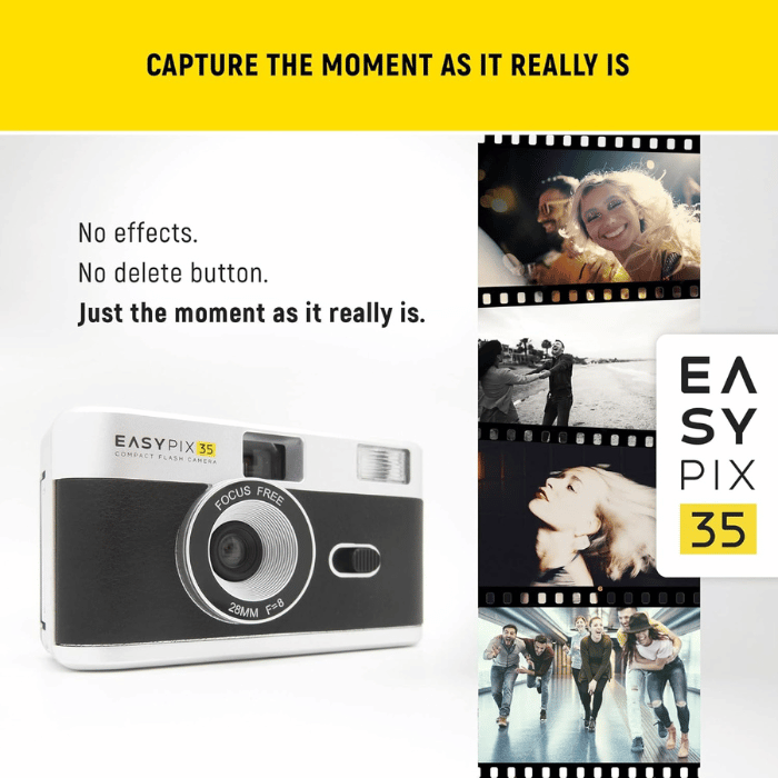 Easypix 35 Reloadable Compact Film Camera, Built-in flash, Reusable, 33mm Retro Style Color & Black/White Film type, Analog, Black and Silver - 10091