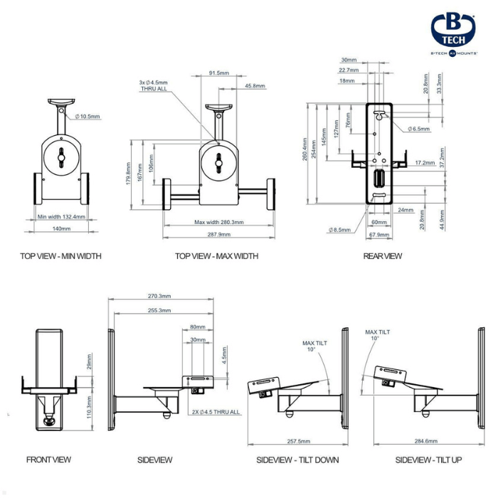 B-Tech Side-Clamping Loudspeaker Wall Mounts with +/-10° Tilt and 360° Swivel, 2-pack, Max Load 25kg, 135mm - 280mm Clamp Size, White - BT77W