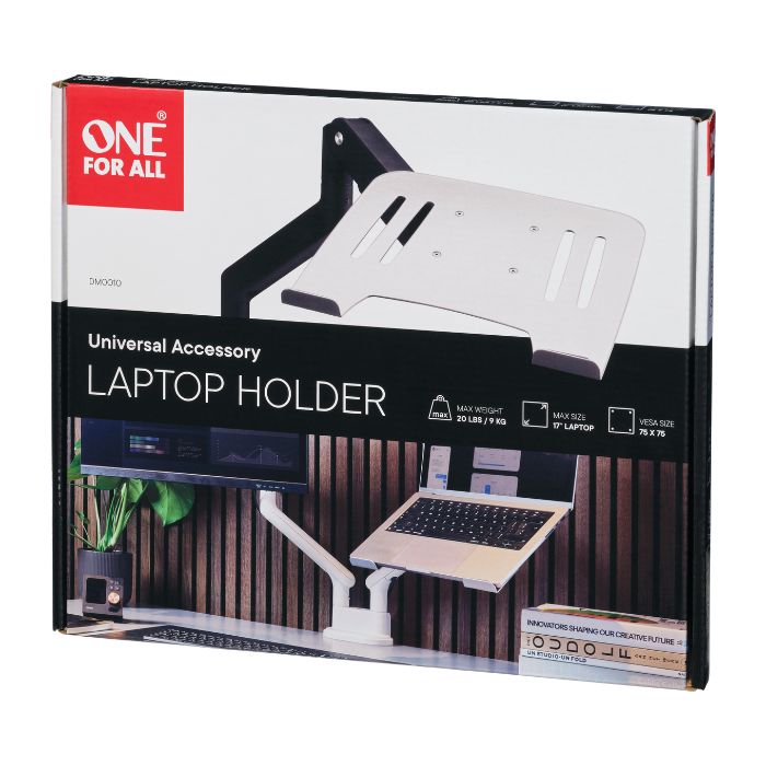 One For All Universal Laptop Holder, 10” to 17” laptops, Safety ledge, Safety strap, Silver - DM0010