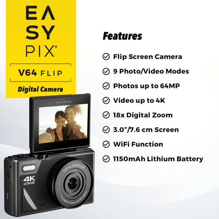 Easypix V64 Flip Digital Camera with Flip Screen, 3.0" Flip Screen, Up to 64MP Resolution, 18x Digital Zoom, WiFi - 20203