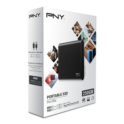 PNY Pro Elite USB 3.1 Gen 2 Type-C Portable SSD, read up to 880 MB/s and write up to 900MB/s, 250GB - PSD0CS2060-250-RB