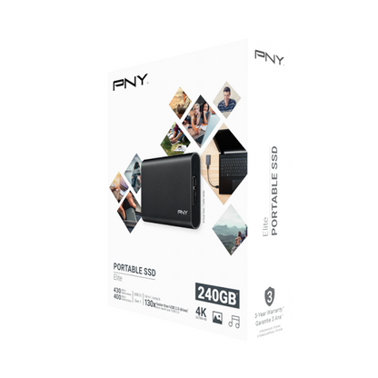 PNY Elite 240GB USB 3.1 Gen 1 Portable SSD, Compact - Black