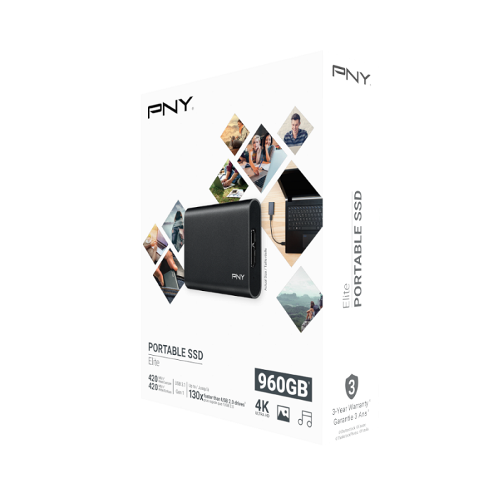 PNY Elite USB 3.1 Gen 1 Portable SSD, read up to 430 MB/s and write up to 400MB/s, 960GB - PSD1CS1050-960-FFS