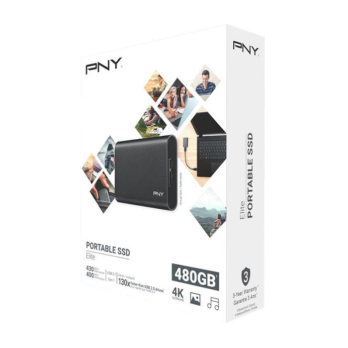 PNY Elite USB 3.1 Gen1 Portable SSD, read up to 430MB/s, and write up to 400MB/s, 480GB Silver - PSD1CS1050S-480-RB