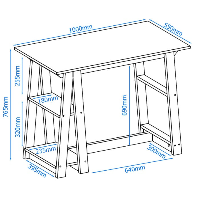 Penzance Compact Desk – Oak Finish, Black Frame, 2 Shelves
