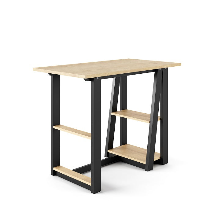 Penzance Compact Desk – Oak Finish, Black Frame, 2 Shelves