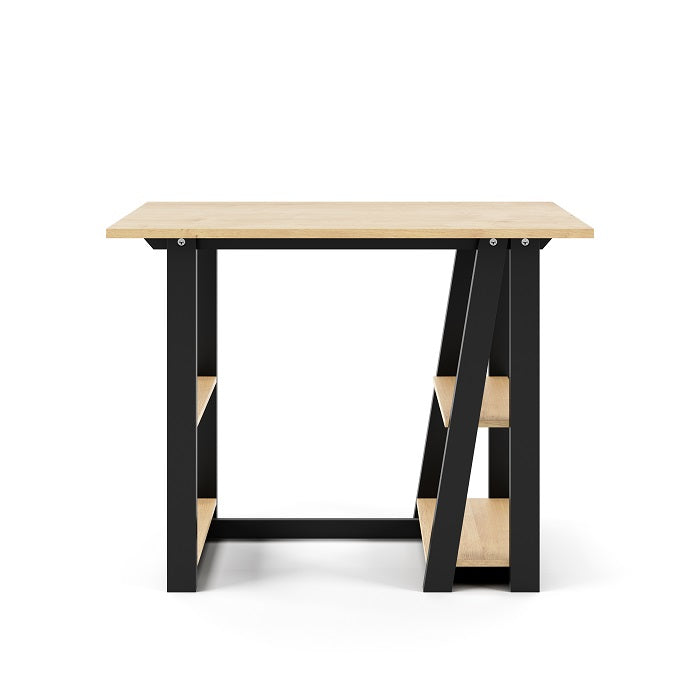 Penzance Compact Desk – Oak Finish, Black Frame, 2 Shelves