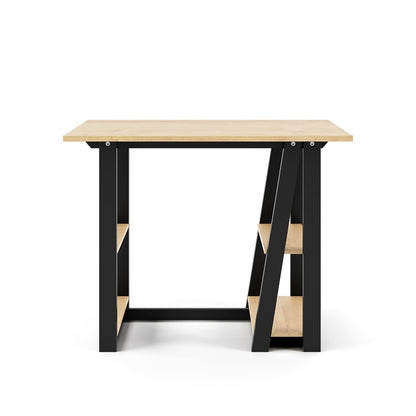 Penzance Compact Desk – Oak Finish, Black Frame, 2 Shelves