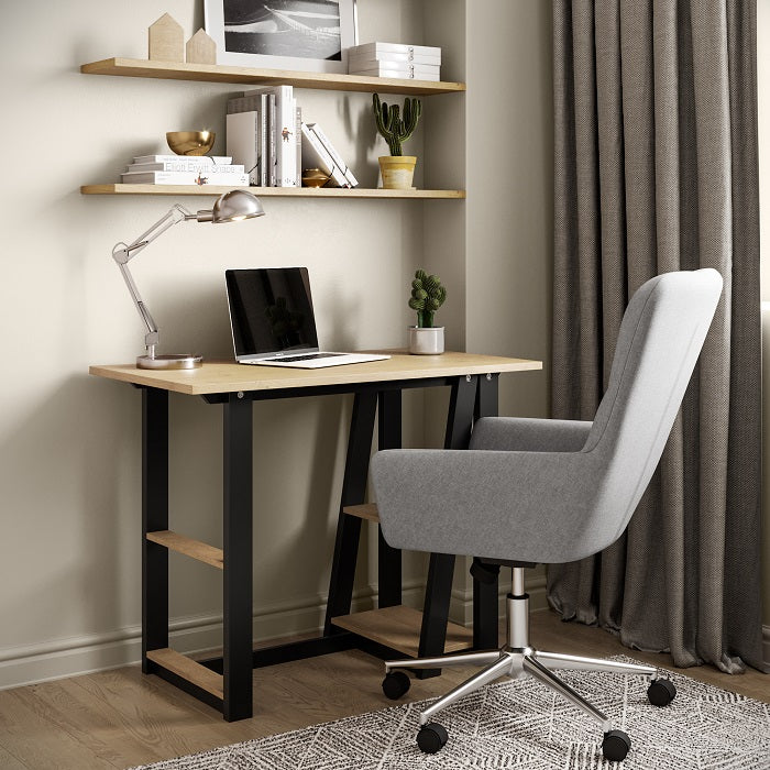 Penzance Compact Desk – Oak Finish, Black Frame, 2 Shelves