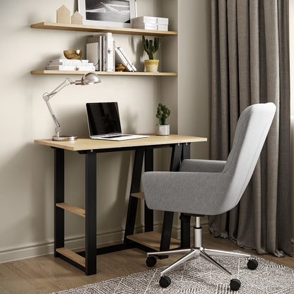 Penzance Compact Desk – Oak Finish, Black Frame, 2 Shelves
