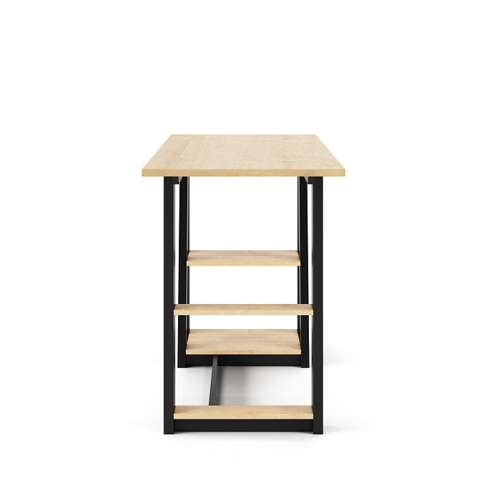 Penzance Compact Desk – Oak Finish, Black Frame, 2 Shelves
