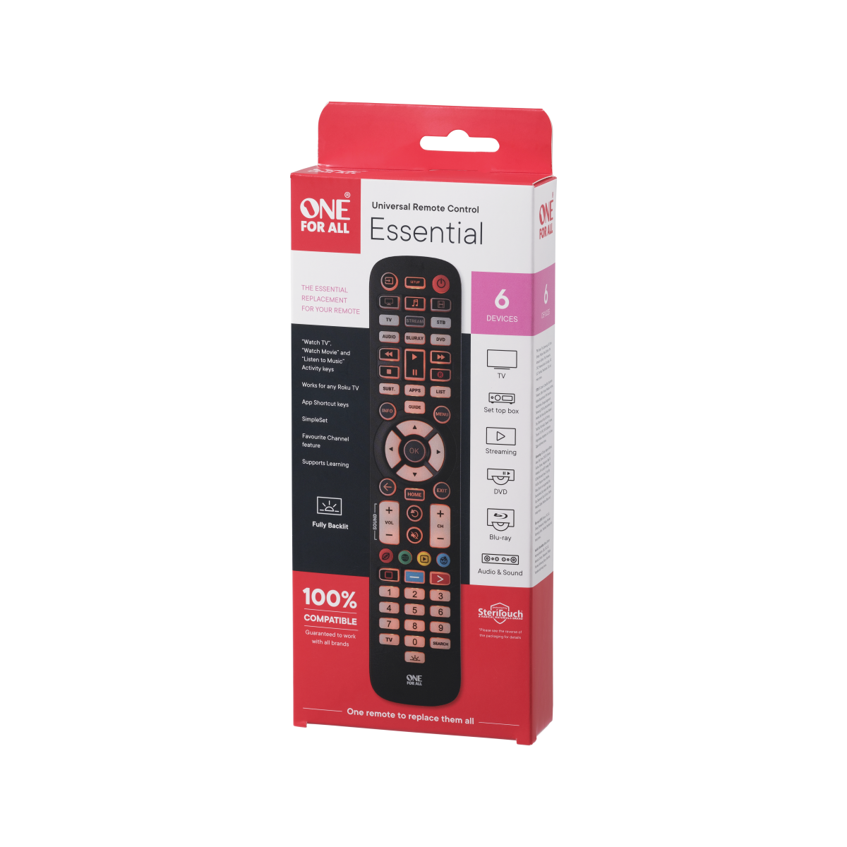 One For All Universal Remote, 6 devices, IR, antibacterial coating, Fully Backlit, 3 Smart activities keys - URC3661