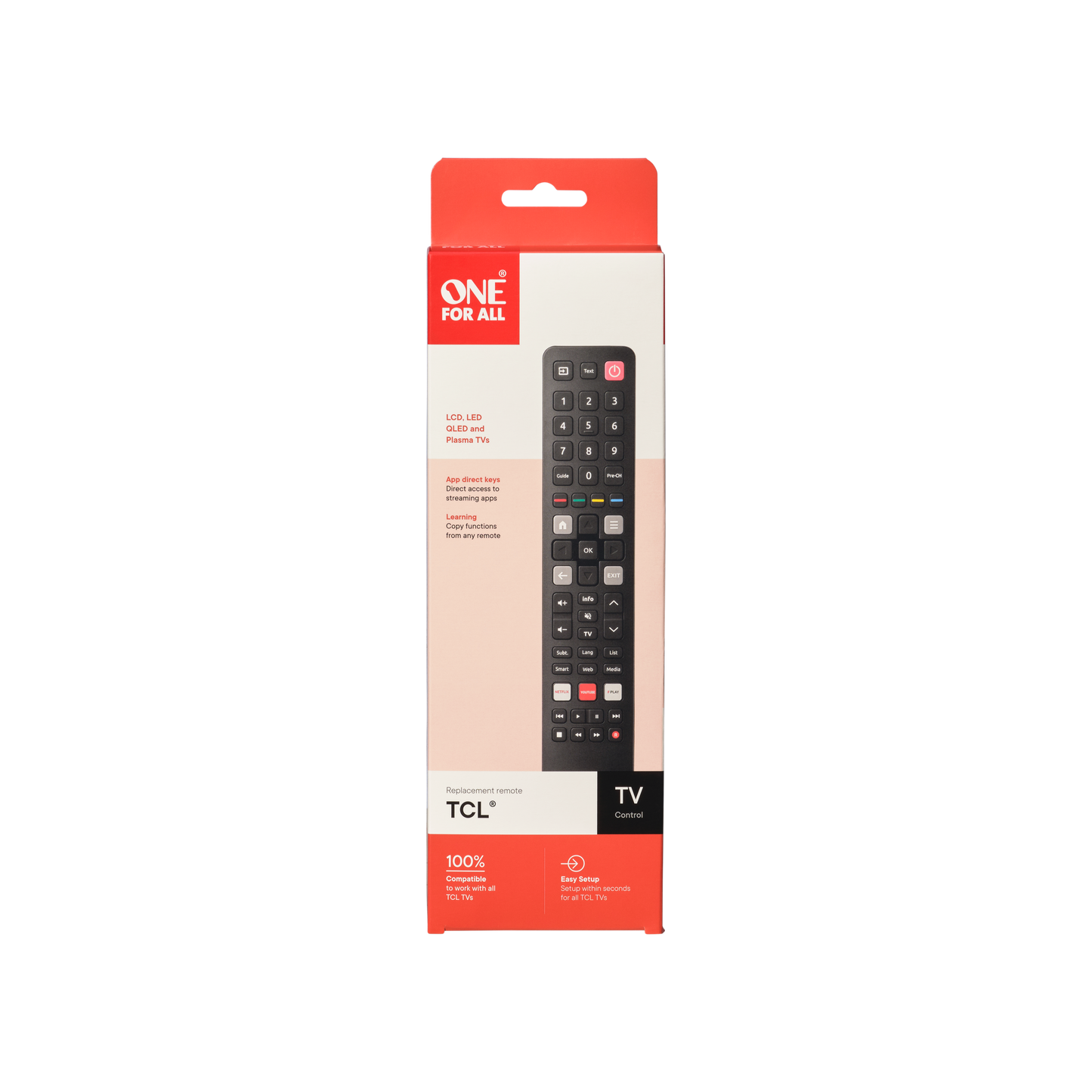 One for All - TCL / Thomson TV Replacement Remote Control, IR, Learning Feature, 3 Shortcut keys for Streaming Apps - URC4922