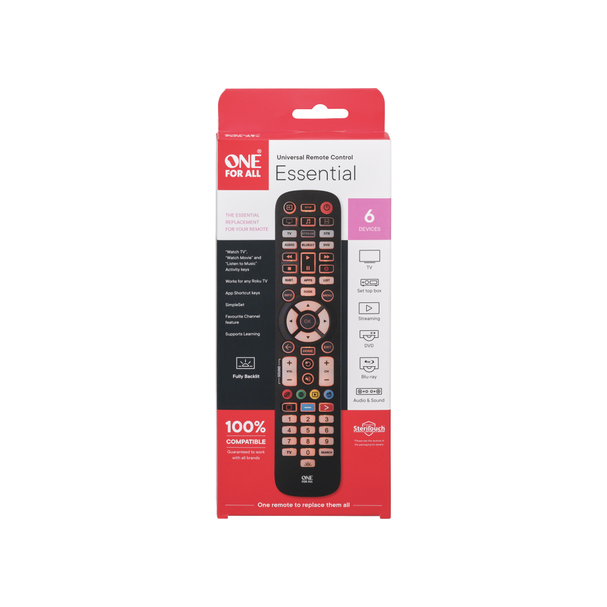 One For All Universal Remote, 6 devices, IR, antibacterial coating, Fully Backlit, 3 Smart activities keys - URC3661