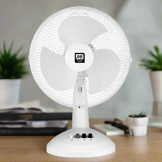 SHE 30cm Table Fan – 3 Speeds, Swivel, Quiet, White