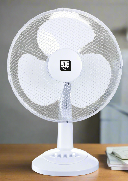 SHE 30cm Table Fan – 3 Speeds, Swivel, Quiet, White