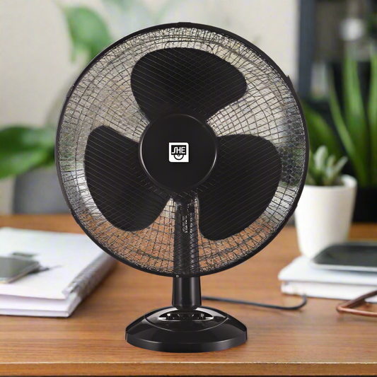 SHE 40cm Table Fan – 3 Speeds, Swivel, Quiet Operation, Black