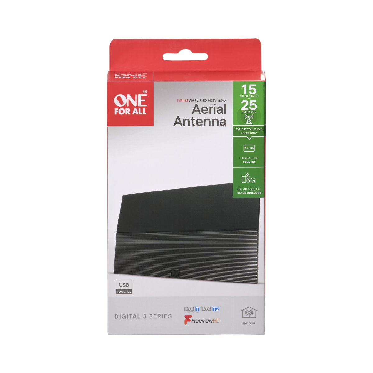 One For All Amplified Indoor Digital Antenna, DVB-T/T2, Full HD, Range to 25km, 3G/4G/5G/LTE Filter, USB powered - SV9432