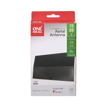 One For All Amplified Indoor Digital Antenna, DVB-T/T2, Full HD, Range to 25km, 3G/4G/5G/LTE Filter, USB powered - SV9432