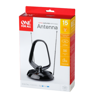 One For All Digital Antenna, Indoor, DVB-T/T2 Amplified Up To 42dB Gain, Range to 15km, 3G/4G/5G/LTE Filter - SV9143-5G