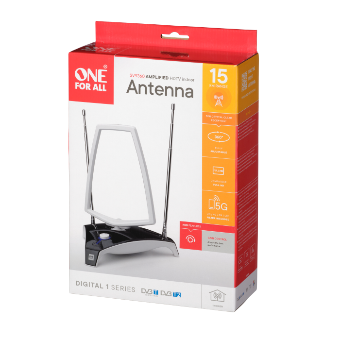 One For All Digital Antenna, Indoor, DVB-T/T2, Signal Clear Technology, Amplified 45dB Gain, 3G/4G/5G Filter - SV9360-5G