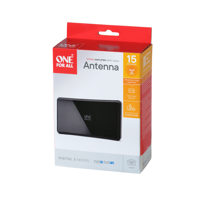 One For All Digital Antenna, Indoor, DVB-T/T2, Amplified, 15km