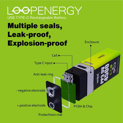 LoopEnergy Rechargeable Battery 9V Block 2-Pack / Cable included - 1UDBT-A3WEB2-NN