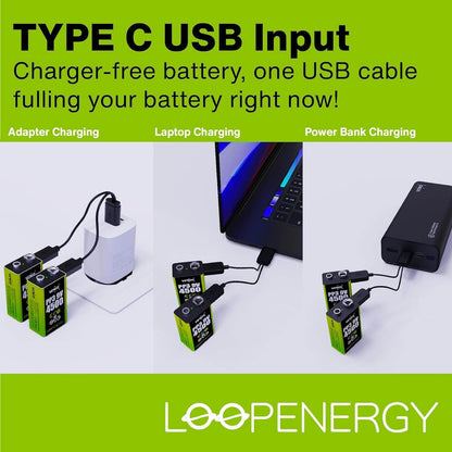 LoopEnergy Rechargeable Battery 9V Block 2-Pack / Cable included - 1UDBT-A3WEB2-NN