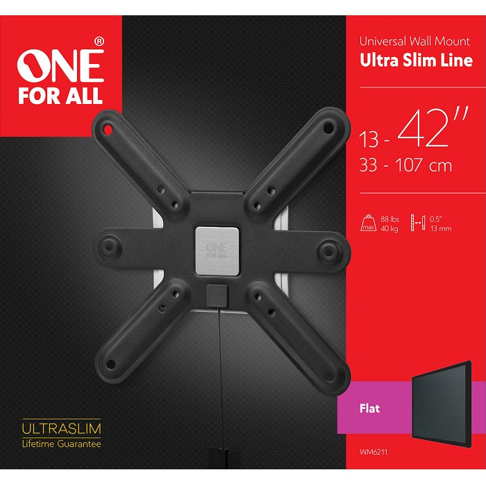 One For All Wall Mount Ultra Slim, Flat, 13" To 43", LED/LCD/OLED TVs, Max Load 40kg, Vesa 200 x 200 - WM6211