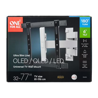 One For All Universal TV Wall Mount Ultra Slim, 180° Turn, Tilt 6°, 32 to 77" OLED/QLED/LED TVs, Vesa 400 x 400  - WM6454