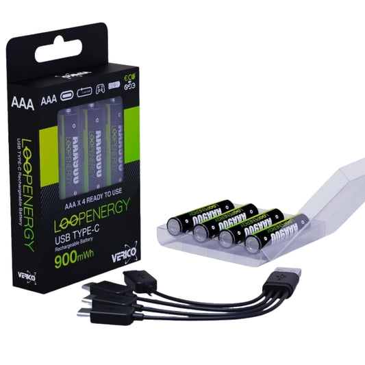 LoopEnergy Rechargeable AAA 4-Pack, 1.5V, USB-C Cable Included